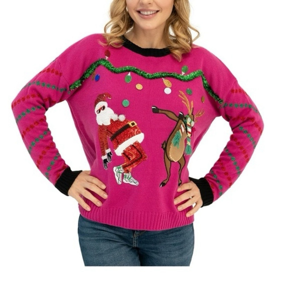 33 Degrees Sweaters - 33 Degrees Women's Dancing Santa and Reindeer Ugly Christmas Sweater Pink L NWT
